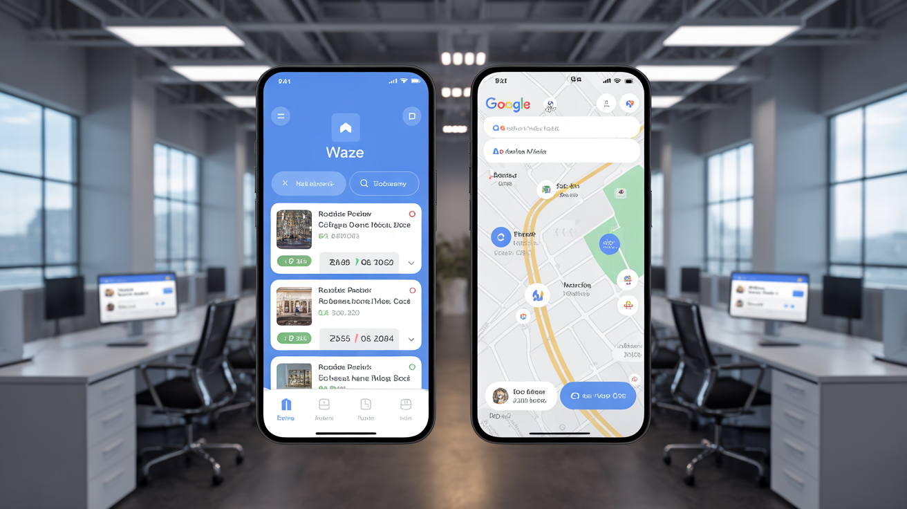 Waze and Google Maps apps showing business listings in an office.
