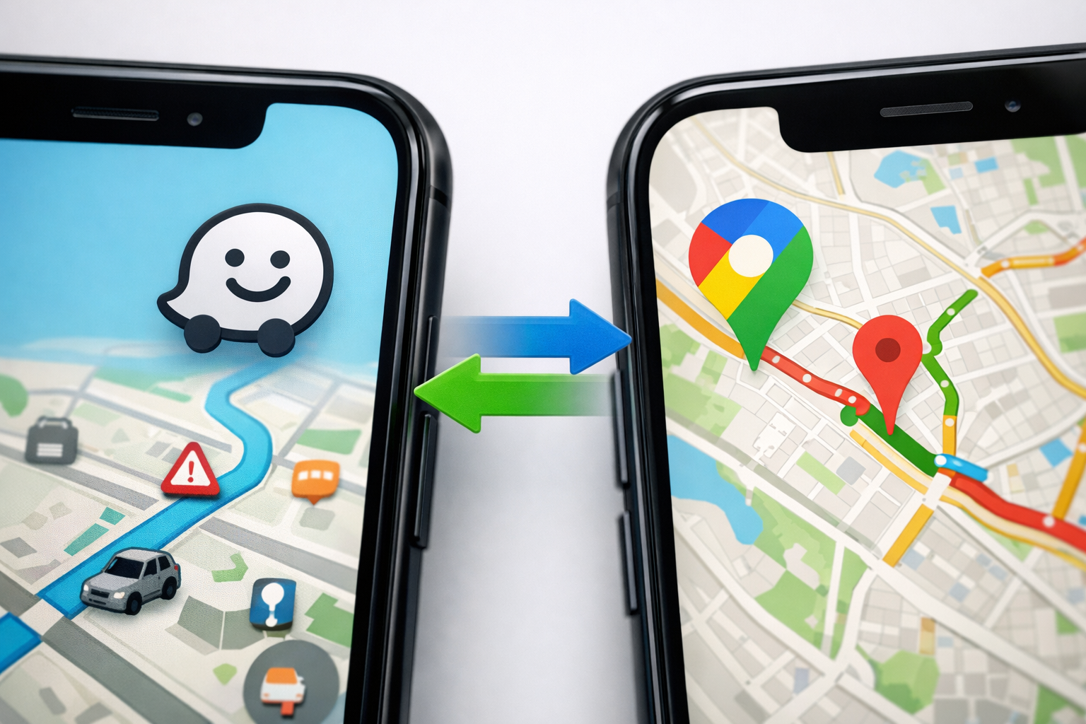 Smartphone showing Waze and Google Maps apps side by side.