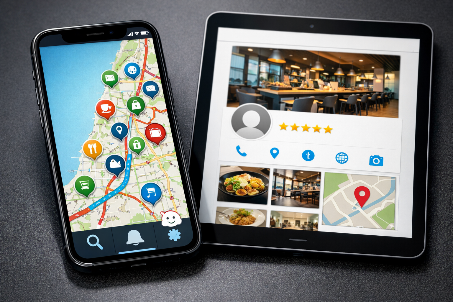 Smartphone with Waze app map and business listings, tablet with Google Business Profile.