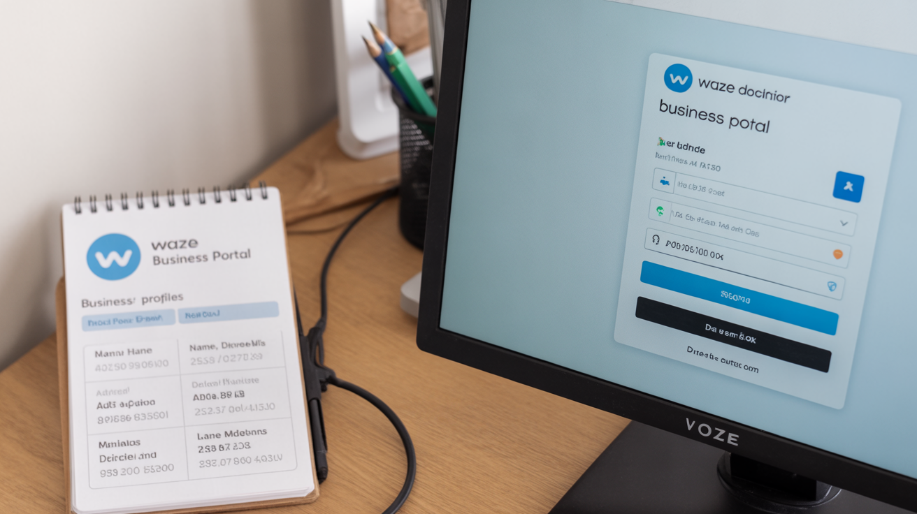 Computer showing Waze Business portal, notepad with business details beside it.