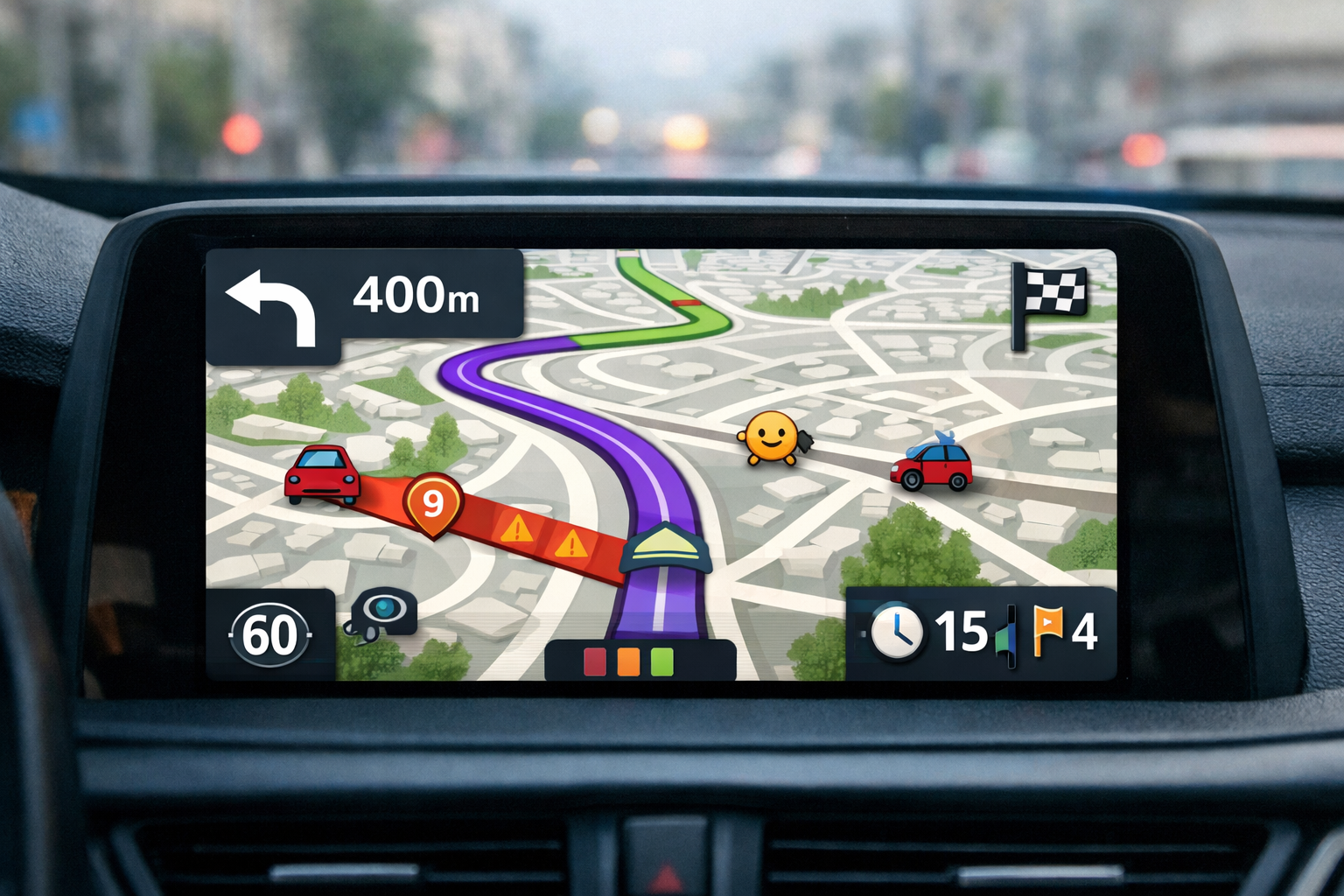 Waze GPS screen with route and traffic data in an Israeli city.