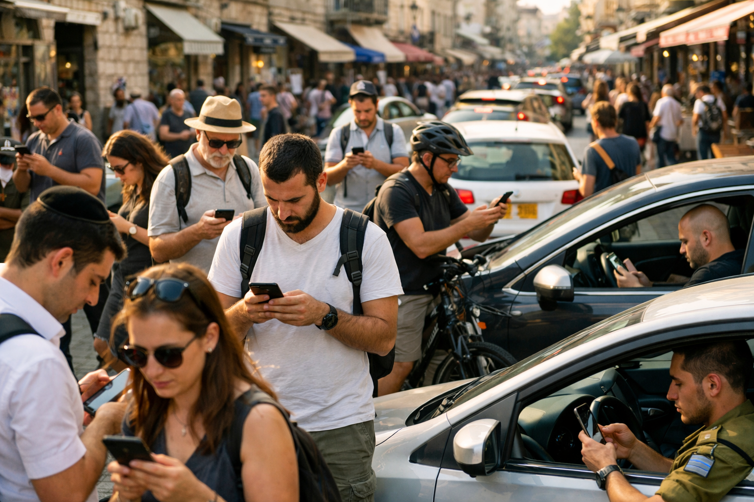 Street in Israel with people using smartphones for navigation.