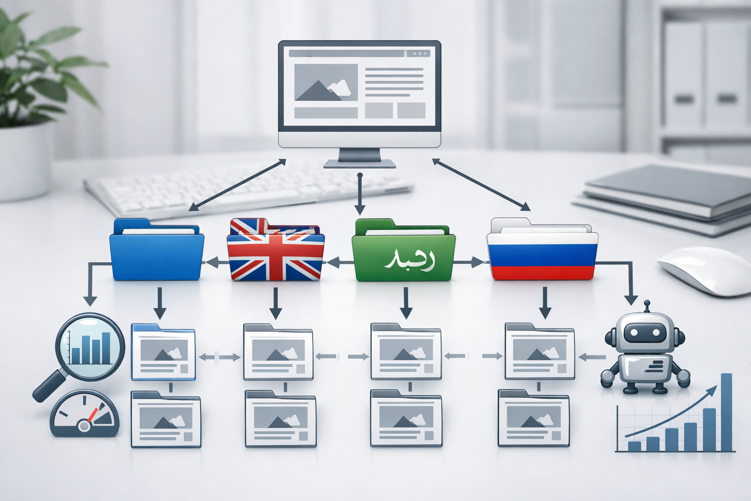 Website architecture diagram with language subdirectories /he/, /en/, /ar/, /ru/.