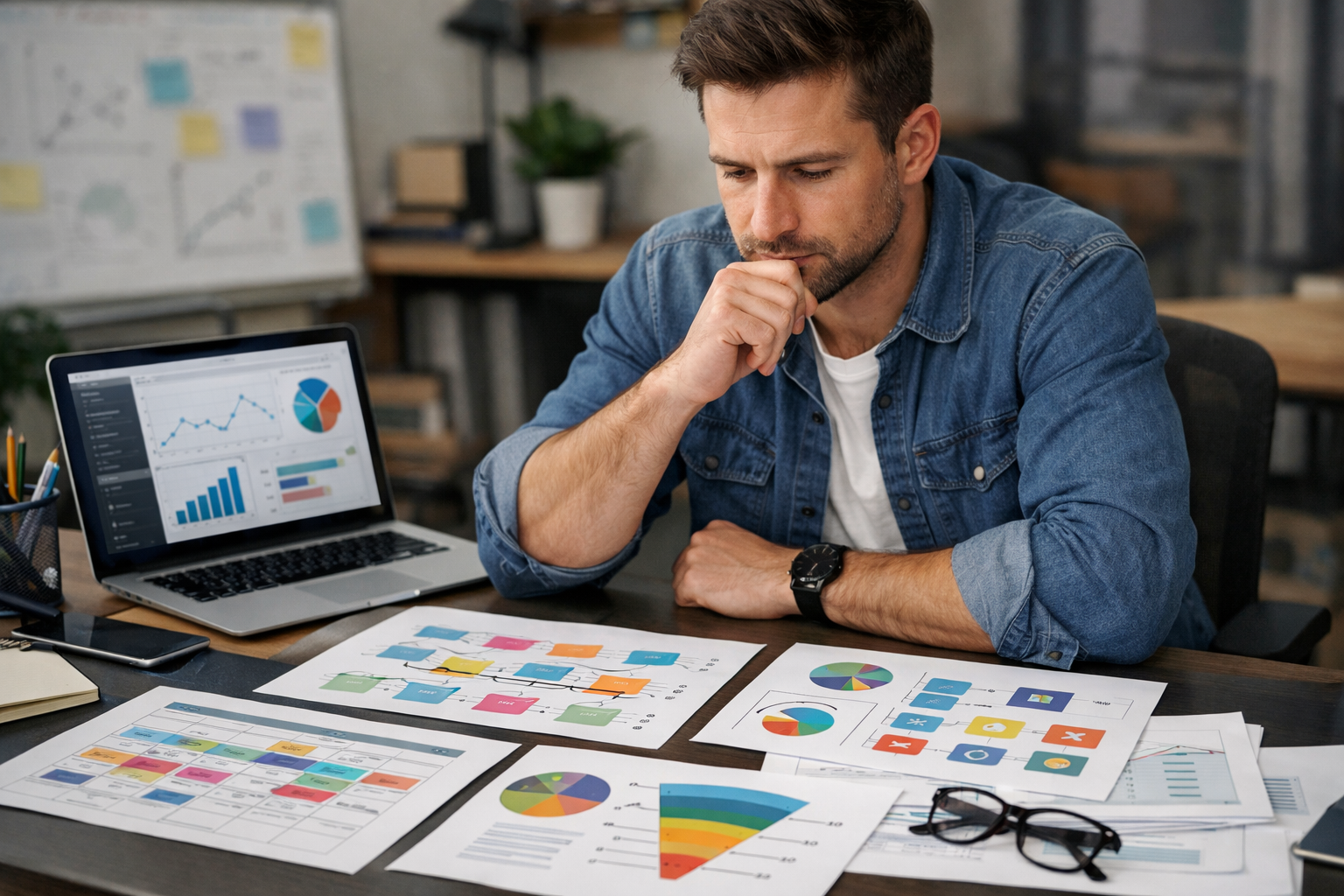 Marketing strategist analyzing content strategies at a desk.