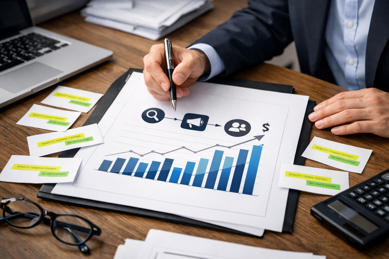 Professional analyzing financial report with charts.