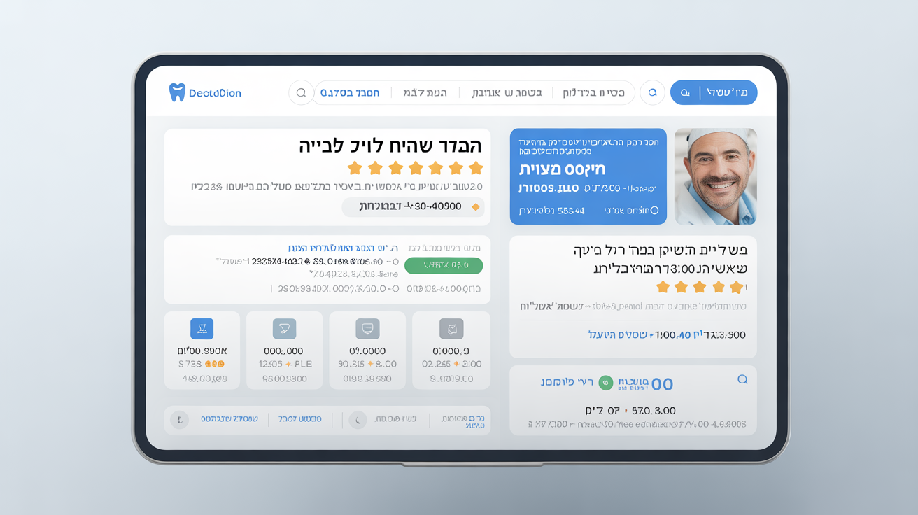 Screen showing dentist search result with ratings and contact info.