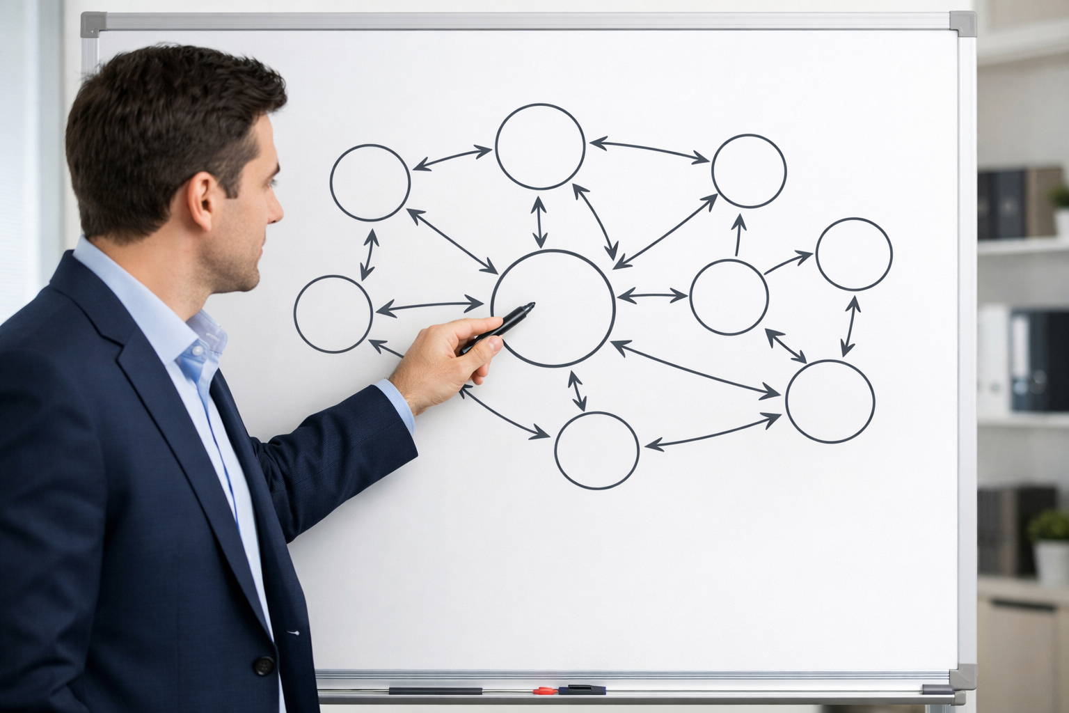 Professional explaining semantic linking with a diagram on a whiteboard.