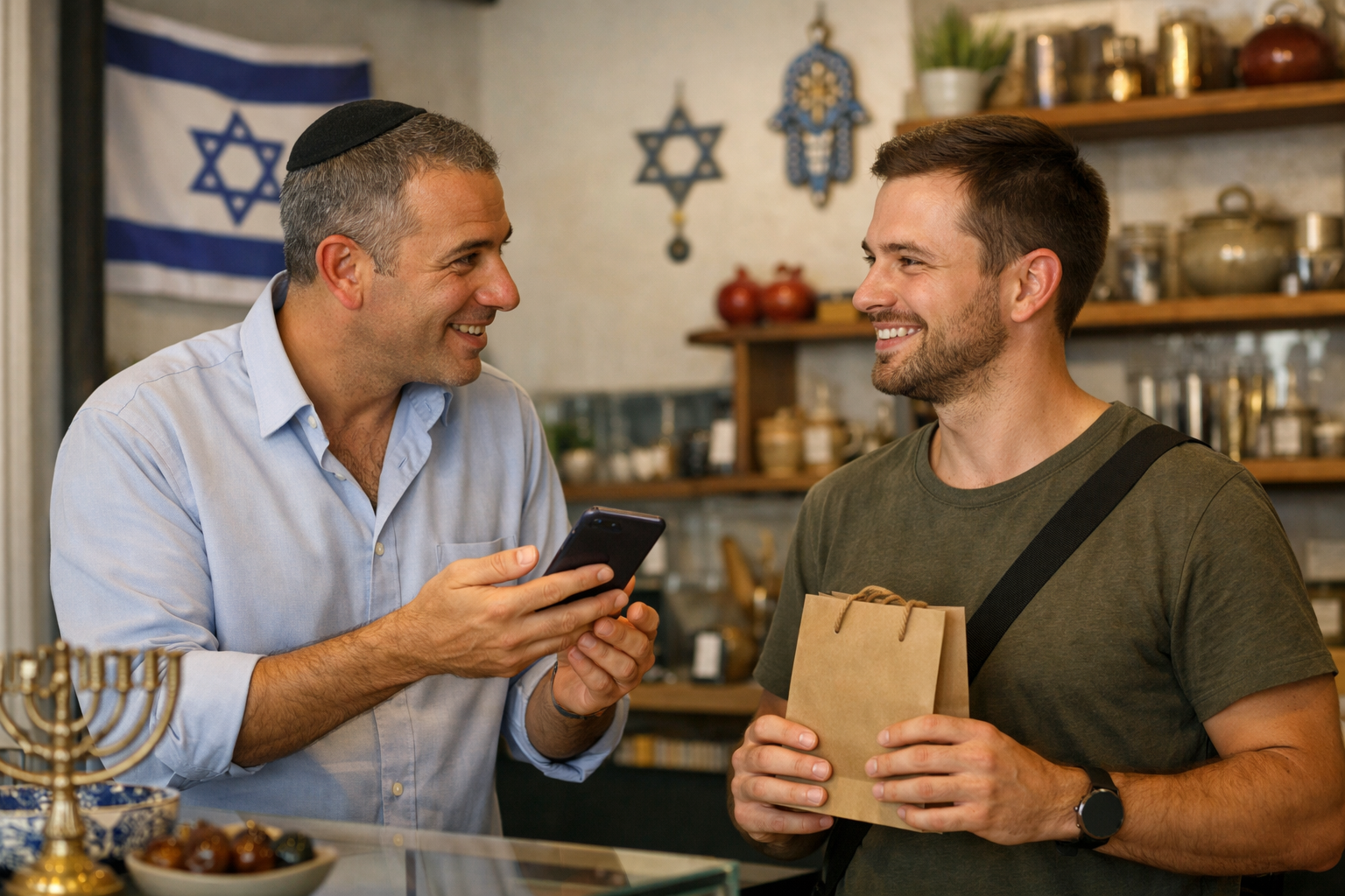 Business owner asking for a review in a modern Israeli shop.