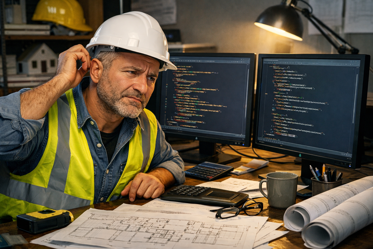Contractor in office comparing schema markup on computer screens.
