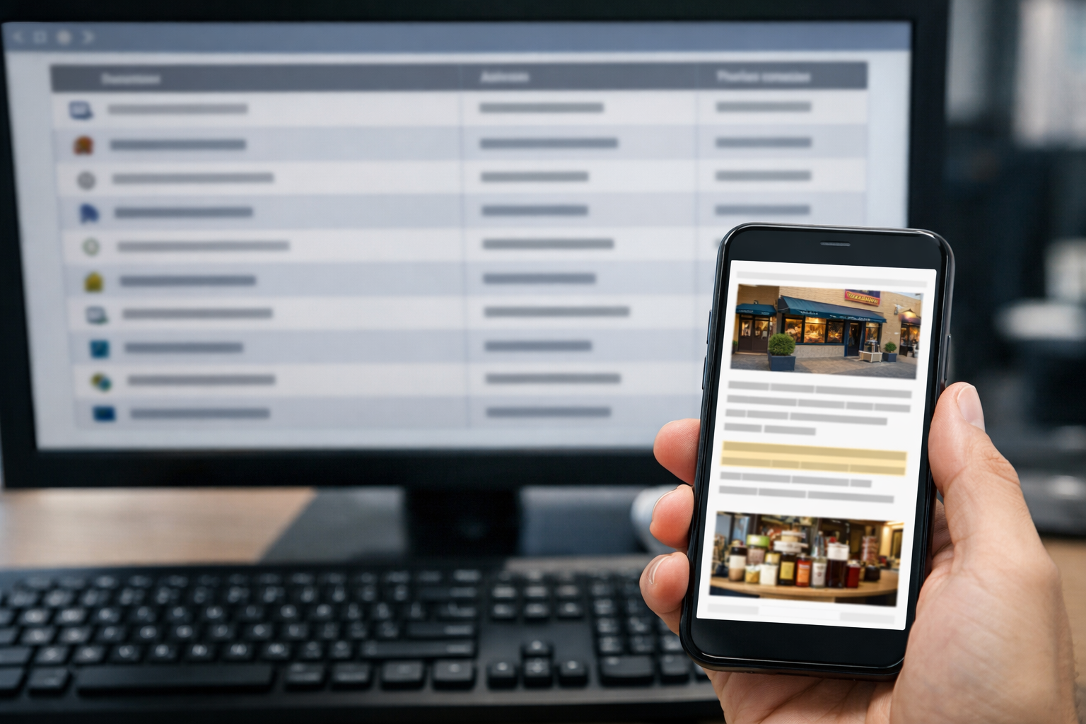 Screen showing structured business directory and blog post on phone.