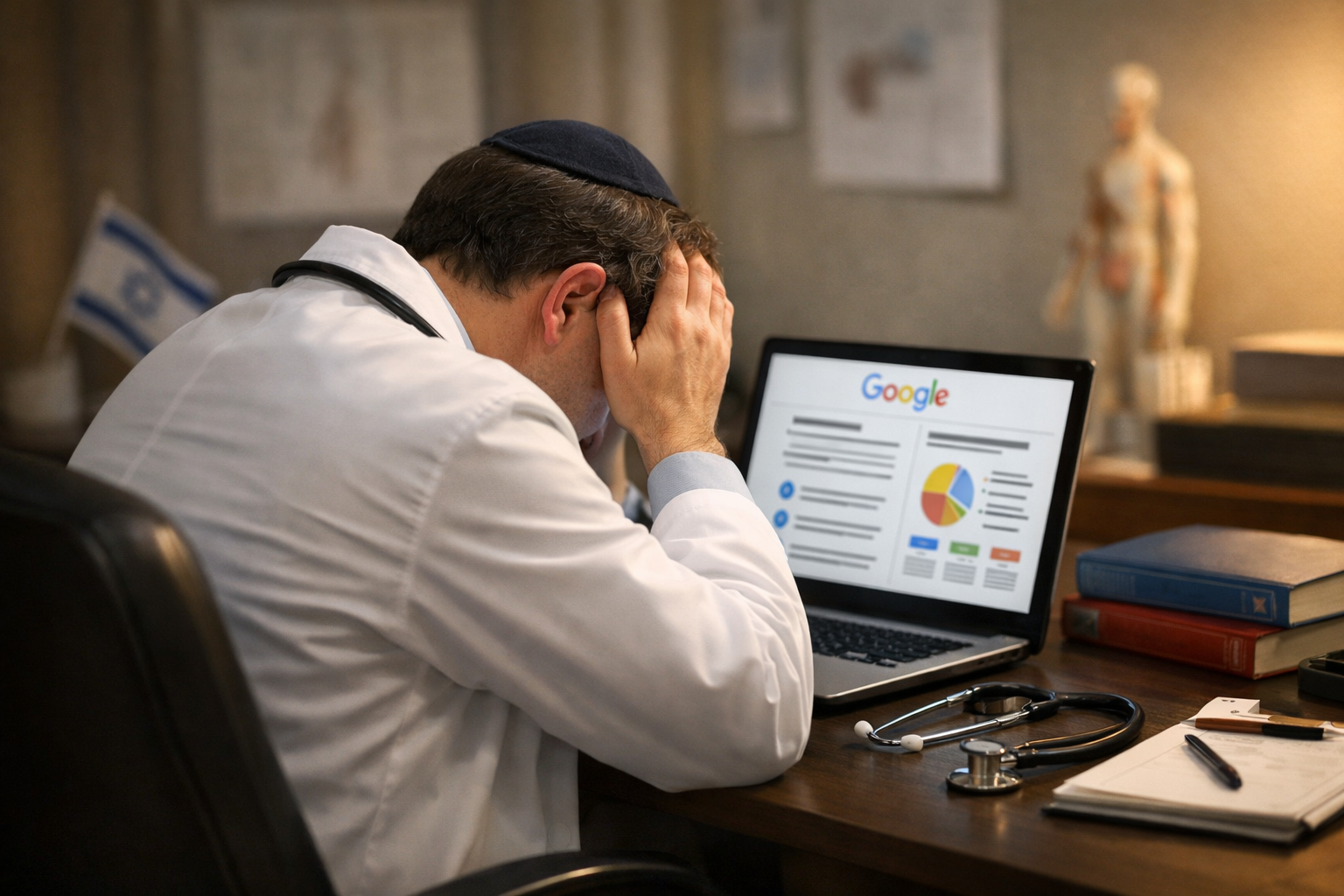 Frustrated Israeli doctor with laptop showing Google's YMYL guidelines.
