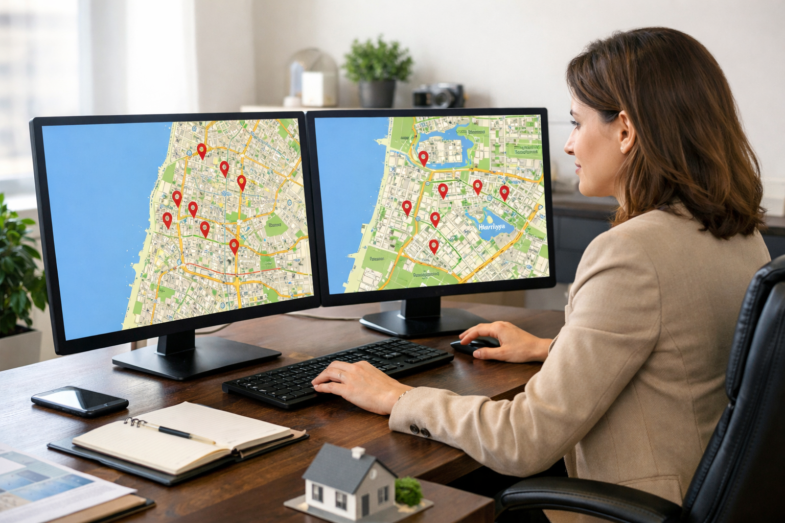 Agent at desk with Tel Aviv and Herzliya maps on screen.