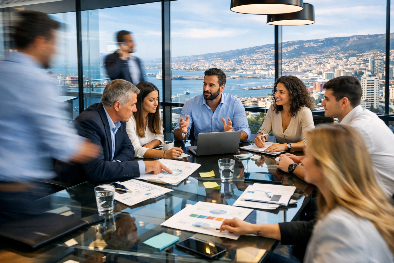 Business meeting in Haifa office with employees discussing strategies.