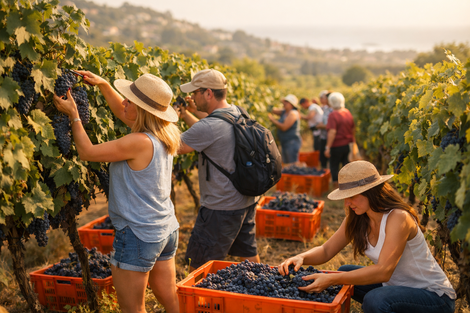 Tourists grape picking in Zichron Yaakov vineyard during harvest season.