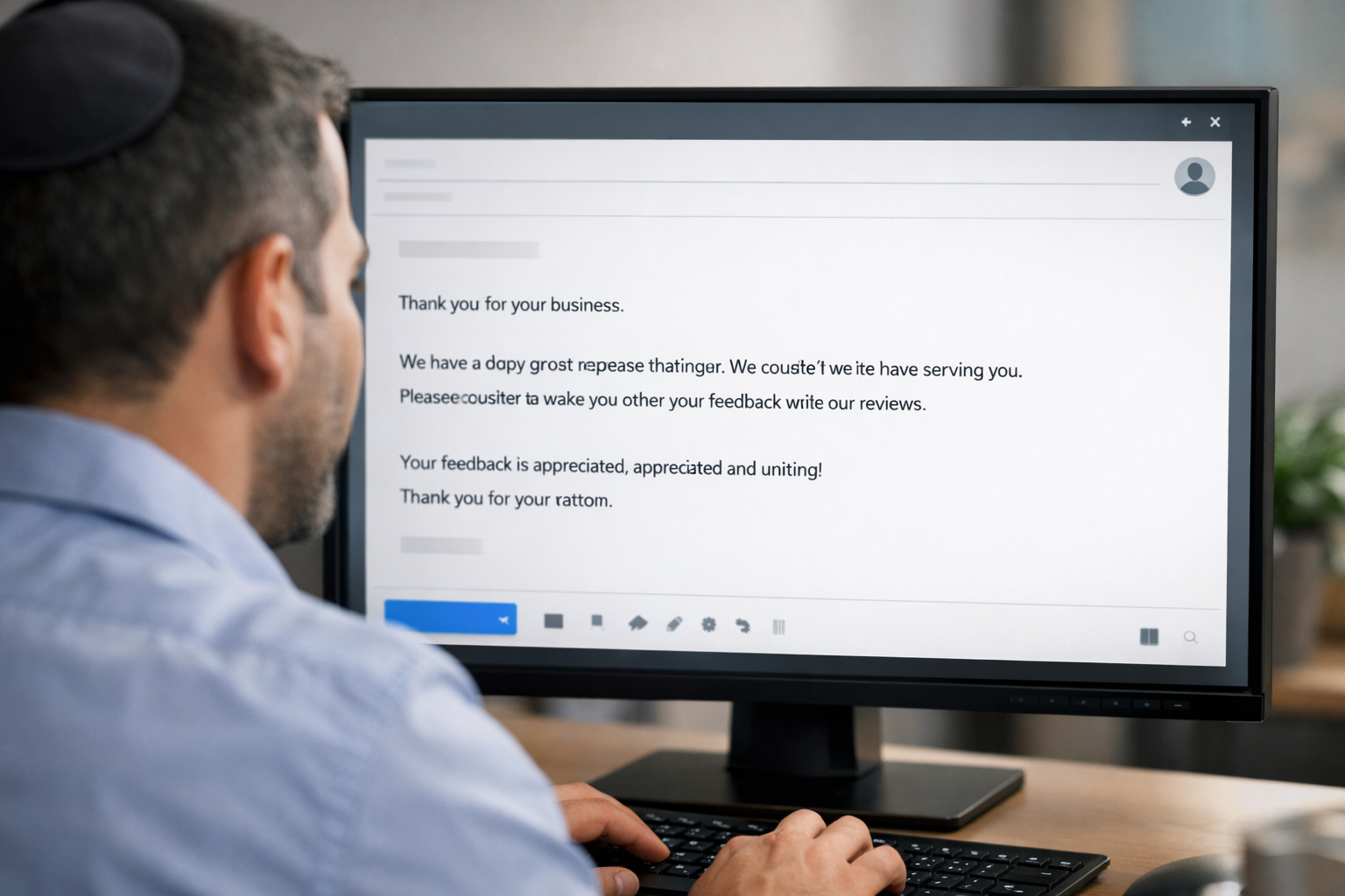 Business owner writing a review request message on a computer.